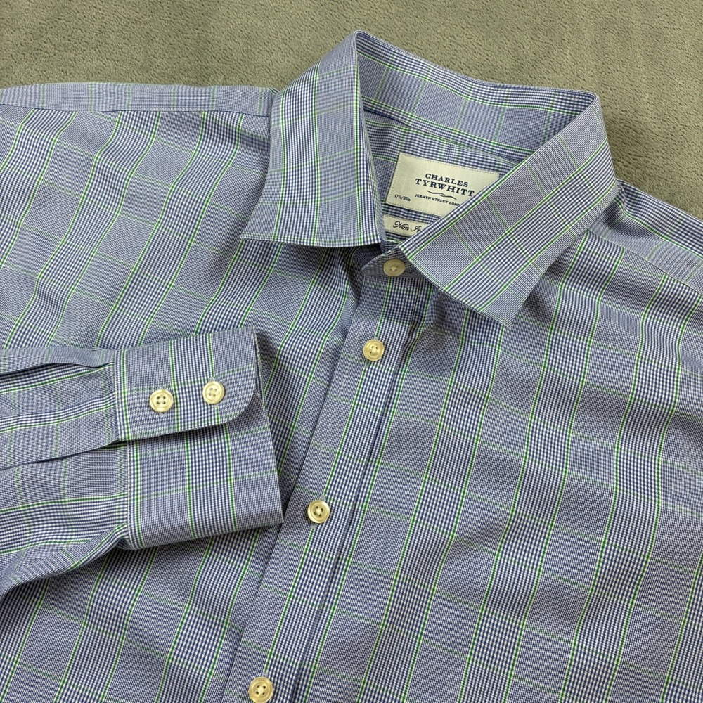 Charles Tyrwhitt Mens Blue Green Micro Check Non Iron Classic Fit Shirt 17.5 35